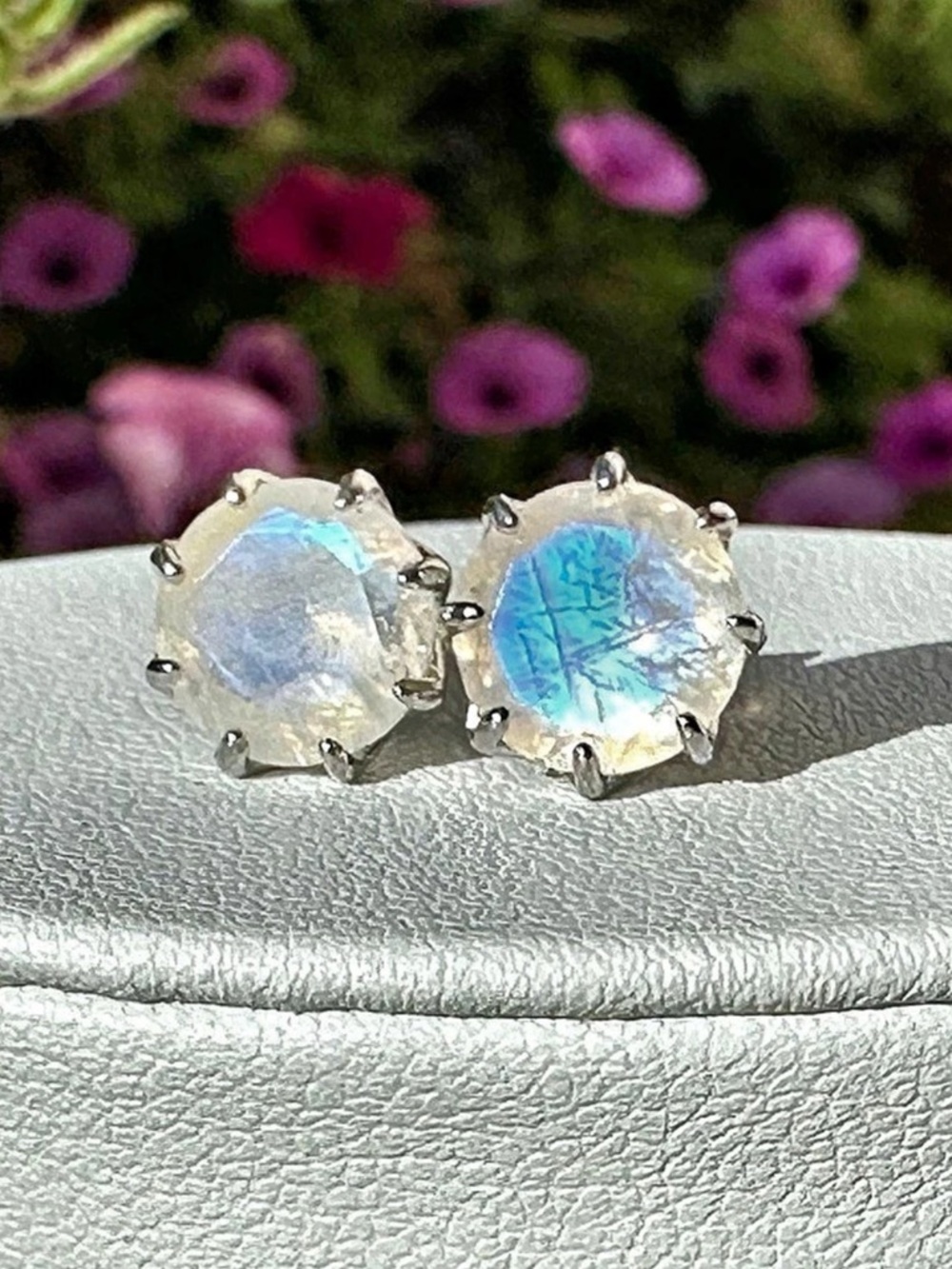 Rainbow Moonstone Stud Earrings, Sterling Silver, BRAND NEW